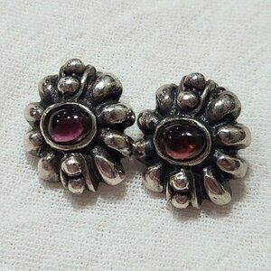 Vintage Sterling Silver 925 .75" Clip On Earrings Purple Garnet Cabochon Boho